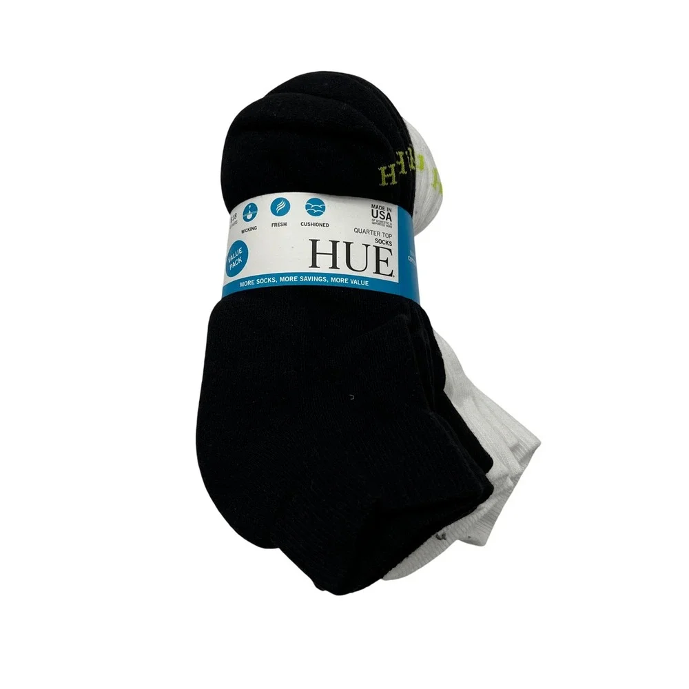 HUE Quarter Top Socks Women One Size Black White 6 Pair Pack Cushioned Wicking